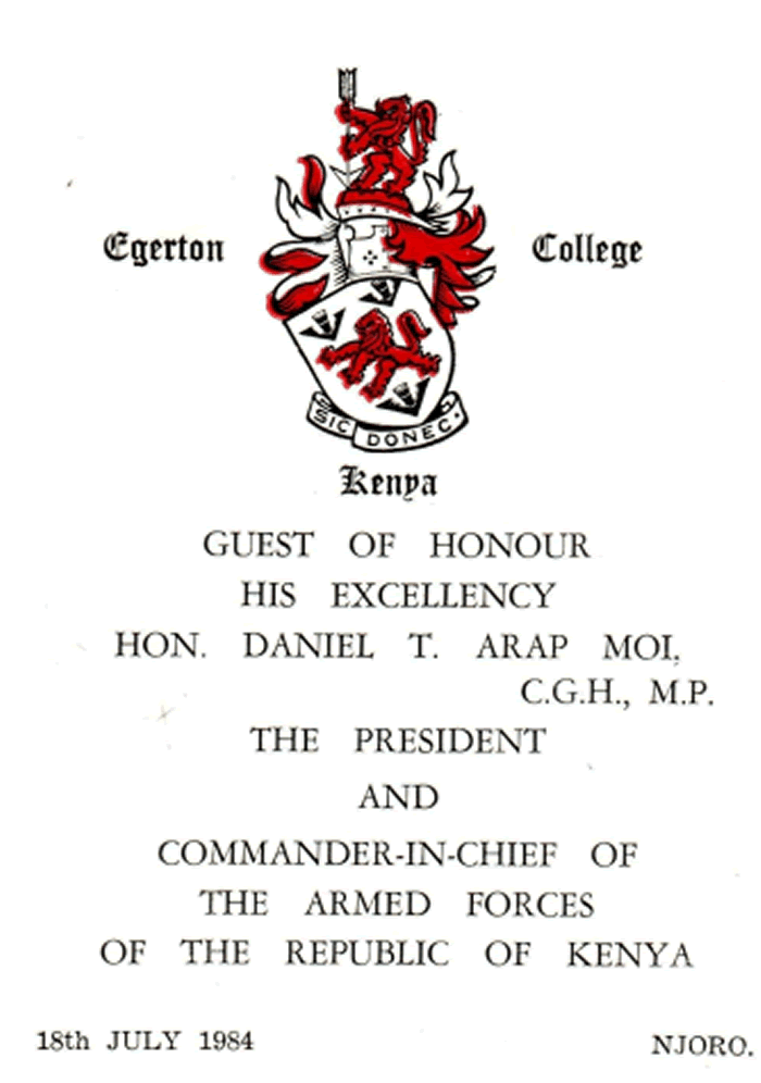 1984 Graduation day program, guest of honor guest of honor, His Excellency, Hon. Daniel T. Arap Moi.